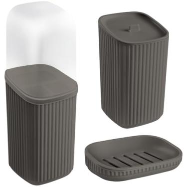 Imagem de Kit Banheiro Lavabo Saboneteira Porta Escova De Dente Porta Algodão Plástico Para Decoração (Cinza Escuro)