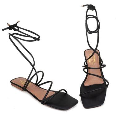 Imagem de Sandália Rasteira Feminina Delicada Preta de Amarrar - Rizzi Shoes, 35