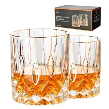 Imagem de GLASKEY Conjunto de 2 copos de uísque com borda dourada, copos de cristal antiquados - coleção dourada de luxo, perfeito para Scotch Bourbon Rocks conhaque vodka gin tequila rum licor, presentes de