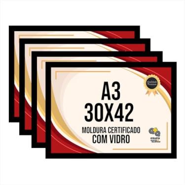 Imagem de Kit com 4 Molduras 30x42 cm - Tamanho A3 - Moldura Revestida com Vidro - Moldura para Parede, Poster, Fotografia, Fotos, etc. (Preto)