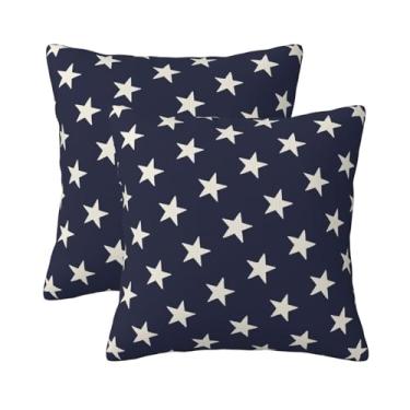 Imagem de KiuLoam 4th of July Capas de almofada patrióticas 40,6 x 40,6 cm, conjunto de 2 capas de almofada decorativas de estrelas azuis e brancas para decoração de casa de fazenda para sofá, cama, sala de