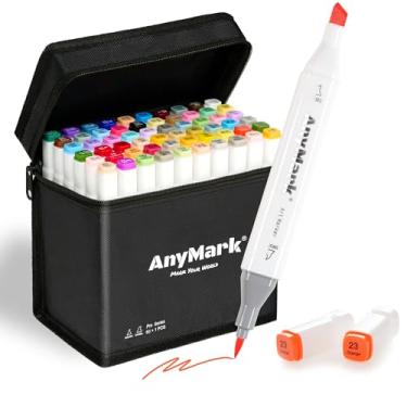 Imagem de AnyMark marcadores de Álcool com Ponta de Pincel, conjunto com 60 cores, pontas dupla de pincel e cinzel, marcadores artísticos à base de álcool com estojo para desenho e colorir para adultos