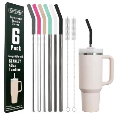 Imagem de Sztumbo Pacote com 6 canudos reutilizáveis de aço inoxidável de metal de 30,5 cm, com 6 pontas de silicone e 2 escovas de limpeza, para copo Stanley, Hydrapeak, Owala Tumbler, Simple Modern 32 1,134 g