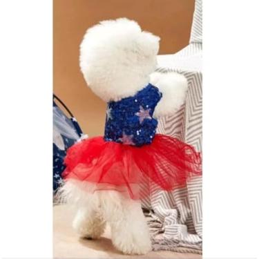 Imagem de Fantasia Patriótica para Cachorro, Vestido com Lantejoulas Azuis e Saia Tule Vermelha, Decoração Estrela