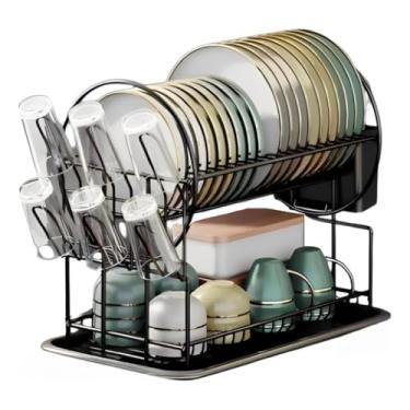 Imagem de Escorredor De Louça Prato Cozinha 2 Andares Inox Bandeja Grande Moderno Preto - Com Porta Pratos Talheres Copos (B)