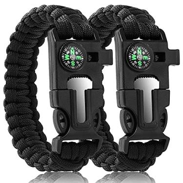 Imagem de OADNFA Pulseiras Paracord para homens, kit tático de sobrevivência 5 em 1, kit de equipamento de acampamento, com corda ajustável de 3,6 m para iniciação de incêndio incorporado, apito de emergência Black&Black