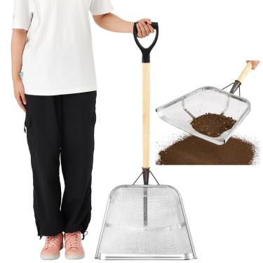 Imagem de Teenyyou Filtro de pá de solo vazamento, peneira de aço inoxidável, 0,24 polegadas/Pá de peneiramento de malha de 6 mm com cabo de madeira de aderência D para jardinagem, fazenda, galinheiro e cabra