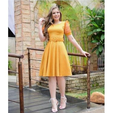 Imagem de Vestido Com Cinto Plus Size Gode Evangelico Elegante Decote Em V Manga