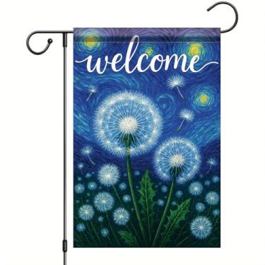 Imagem de Starlit Patio Welcome Van Gogh Bandeira de jardim céu estrelado dente-de-leão floral bandeira de quintal 30 x 45 cm decoração externa dupla face para primavera verão varanda gramado entrada decoração