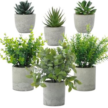 Imagem de Chunful Plantas falsas para interior, pacote com 6 pequenas plantas falsas eucalipto, alecrim, suculentas, mini vaso artificial para decoração de casa, quarto, sala de estar