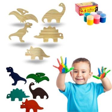 Imagem de Kit Educativo Infantil de Madeira Dino 5pçs + Tinta Guache - BT WOOD