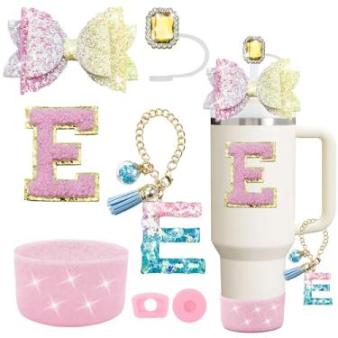 Imagem de Conjunto de acessórios de copo Stanley rosa 7 peças, decorações de iniciais para Stanley Cup 850.5 g 1,134 g, inclui tampa de canudo de joia, tampa à prova de derramamento, pingente de alça, bota de