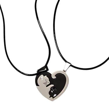 Imagem de Colar Amizade Gatos Yin Yang, Kit 2 Colares, Pingente Coração Encaixável, Aço Inox,