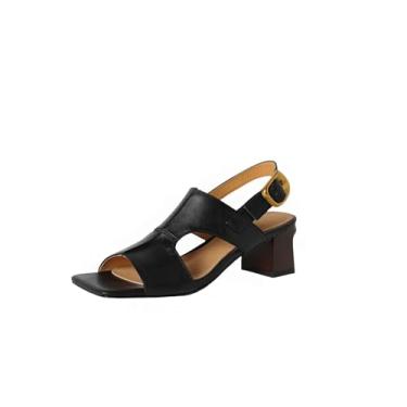Imagem de TinaCus Sandália feminina feita à mão de couro legítimo Peep Toe Slingback salto bloco oco confortável, Preto, 37
