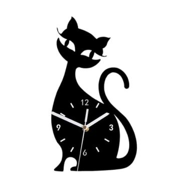 Imagem de Wswqop Gato Relógio de Parede Quarto Dos Miúdos Decorativo Engraçado Silencioso Pendurado Relógio Movimento Silencioso Sala Estar, Preto, Tamanho real