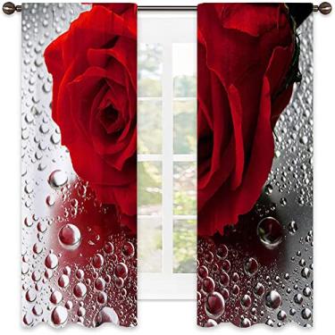 Imagem de Cortinas blecaute com bolso de haste floral rosa vermelha, planta de flor elegante em fundo de gota de chuva cinza, tecido impermeável, decoração de janela de festa de cerimônia de casamento, L250 x C