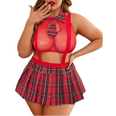 Imagem de Avidlove Lingerie feminina plus size para meninas lingerie sexy com gravata e minissaia, Vermelho (tamanho grande), 18 Plus