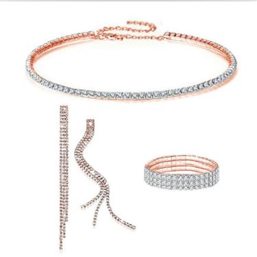 Imagem de 3 peças de brincos pendentes de corrente de borla de strass conjunto de joias de casamento para mulheres nupcial cristal franja declaração gota brinco CZ gargantilha correntes brilhantes joias