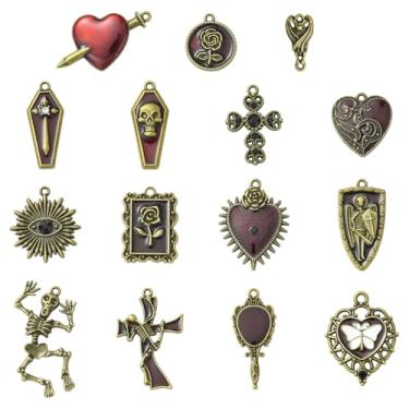Imagem de UR URLIFEHALL 30 peças, 15 estilos sortidos, pingentes de esqueleto esmaltado, bronze antigo, coração, caixão, cruz, Halloween, pingentes para fabricação de joias a granel