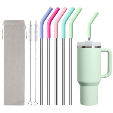 Imagem de Diumepo Canudo de metal para copo Stanley Quencher, simples moderno, Meoky copo de 1,134 g, 5 peças de canudos retos reutilizáveis de aço inoxidável com pontas de silicone, escovas de limpeza