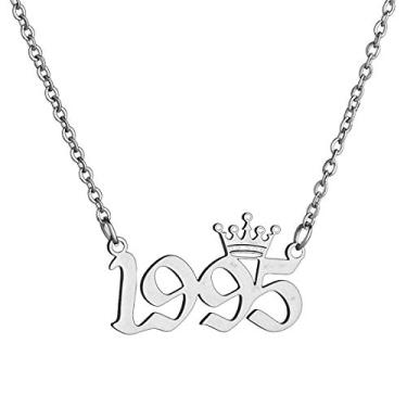 Imagem de MICOMAKA Número de ano de nascimento com colar de coroa, inglês antigo, joia de aniversário memorável para mulheres e meninas, joia de aniversário personalizada, pingente de aço inoxidável de ouro