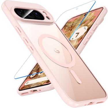Imagem de Capa para Google Pixel 9 Pro XL com protetor de tela, capa fina para celular Pixel 9 Pro XL rosa magsafe, antiamarelamento de 3 m, militar, à prova de quedas, com biséis levantados para Google Pixel 9