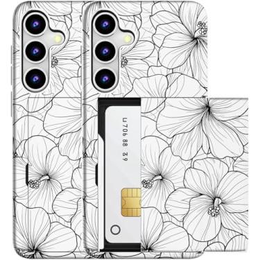 Imagem de MUQR Capa compatível com Samsung Galaxy S23 com porta-cartão fofo - Design Kawaii, proteção contra quedas de grau militar, capa carteira robusta para mulheres (hibisco branco e preto)