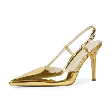 Imagem de QIY Sandálias de salto alto com bico fechado com tiras e bico fino, salto agulha para mulheres, sapatos sociais de festa de casamento, Patente de ouro, 39