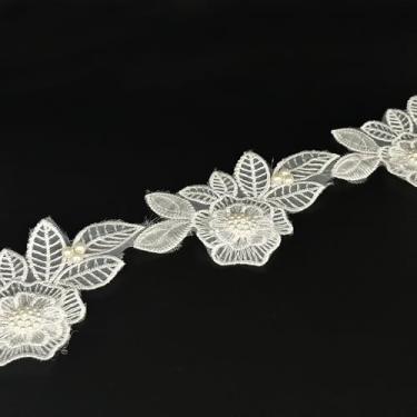 Imagem de 1 jarda flor vintage contas de pérola branca fita de acabamento de renda floral bordado apliques de tecido de renda para vestido de casamento, roupas de fantasia chapéu decoração de festa (padrão