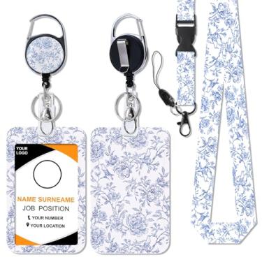 Imagem de Obookey Cordão de professor com suporte de identidade – Cordões florais azuis chinoiserie para crachás de identificação, lindos porta-crachás retráteis, clipe de mosquetão para chaves, presentes para