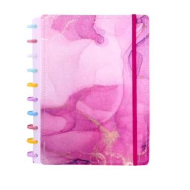 Imagem de Caderno Inteligente Disco Médio com Glitter Marmorizado – 87 Folhas Removíveis, Capa Dura, Elástico de Fechamento – Papelaria Criativa Refilável 20x26cm – Organização Premium (Rosa)