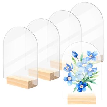 Imagem de Bercoor Pacote com 5 placas de acrílico em branco de 10 x 15 cm com suportes de madeira, números de mesa de arco de acrílico DIY para decoração de cartão de nome faça você mesmo, presentes para
