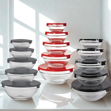 Imagem de Kit 5 Potes de Vidro Herméticos com Tampa e Trava Conjunto de Tigelas Redondas Bowl para Armazenar e Servir Alimentos Cores Sortidas