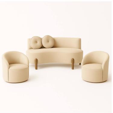 Imagem de Kit 02 Poltronas Gaia +Sofá Living Decorativo Curvo Orgânico Boucle Bege - Montanaris Decor