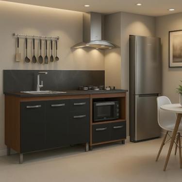 Imagem de Kit Cozinha Moblis Armario de Pia 120cm Anita Balcao Para Cooktop Elisa 5 Bocas Savana/Preto