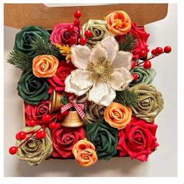 Imagem de Caixa de flores artificiais de Natal vermelho verde, poinsétias rosa, azevinho, flor de seda falsa para mesa faça você mesmo, enfeites de árvore de Natal, guirlanda de Natal, decoração de festa em