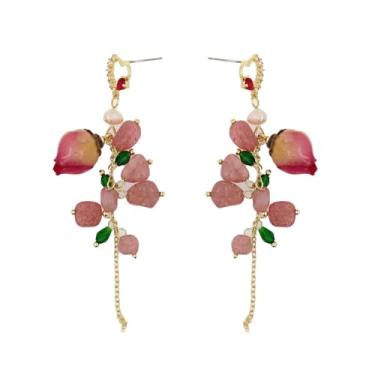 Imagem de Brincos de pingente de rosa feitos à mão com borla rosa e coração, o único e verdadeiro brincos de flor