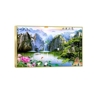 Imagem de BMZFYBS Pintura em tela de paisagem, lago, lótus, animais, natureza, arte de parede, imagem chinoiserie, moldura dourada, decoração pôster 50 x 80 cm 20 x 31 pol