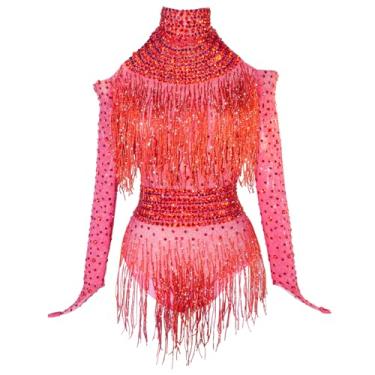 Imagem de Youmeisha Body feminino sexy com franja e strass, perspetiva, malha, festa, aniversário, equipe, dança, carnaval, drag queen, roupa (vermelho)