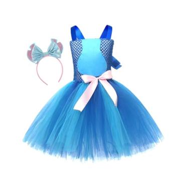 Imagem de OBEEII Girls Halloween Costume Toddler Kids Witch Cosplay Stage Performance Ruffle Tutu Dress with Headband 2PCS Set Square Neck Sleeveless Crochet Tulle Dress Up Party Outfit Blue 2-3 T