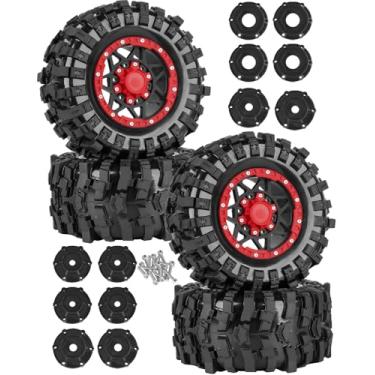 Imagem de RCarmubWow 1/10 Scale RC Truck Tires,Wheels and Tires w/12MM/14MM Hex for Rustler Stampede Hoss,Arrm a Granite Vorteks Big Rock 3S,1/10 Off Road Tires Rubber Truck Tyres w/Foam Insert,Black w/Red