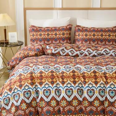 Imagem de Cozaline Capa de edredom tamanho Queen – Conjunto de cama boho 100% algodão, estampa geométrica laranja queimada macia com fecho de zíper, 3 peças de capa de edredom mediterrâneo vintage