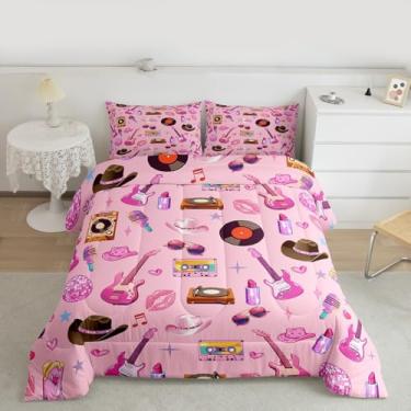 Imagem de jejeloiu Conjunto de edredom para meninas, com violão rosa, gato, vaqueira ocidental, moderno, feminino, rosa, decoração de quarto, leve, com 1 edredom, 2 fronhas, conjunto de colcha