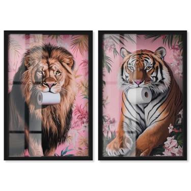 Imagem de Conjunto de animais de papel higiênico tropical Shadowbox Impressão de arte maximalista por Art Remedy, moldura preta, 50 x 76 cm
