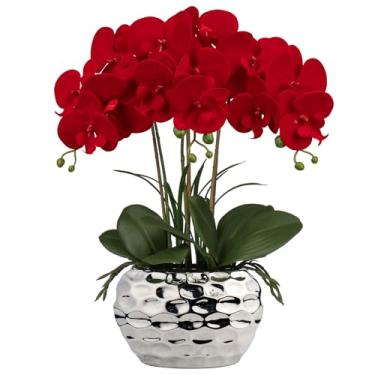 Imagem de Briful Orquídea vermelha, flores artificiais, 45,7 cm, grande, orquídea de seda com vasos de cerâmica prateada, arranjo de orquídeas falsas para decoração de mesa de casa, escritório, banheiro, sala