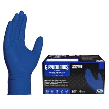 Imagem de GLOVEWORKS Luvas Descartáveis Industriais De Nitrila Azul Royal Hd, 6 Mil, Sem Látex, Textura Diamante Em Relevo, Médias, Caixa Com 100 Unidades