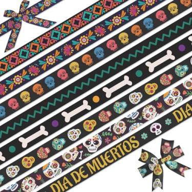 Imagem de YKW Pacote com 8 fitas Dia dos Mortos - 24 jardas Dia de Muertos conjunto de fitas, gorgorão de caveira de açúcar de 9,5 cm para artesanato Halloween decorações de celebração cultural mexicana
