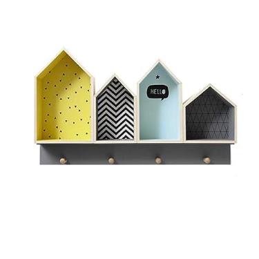 Imagem de Armário flutuante de parede design de casa pequena com ganchos cabide de roupas, prateleira de exibição de parede prateleira decorativa com 4 compartimentos abertos, para quarto infantil, berçário