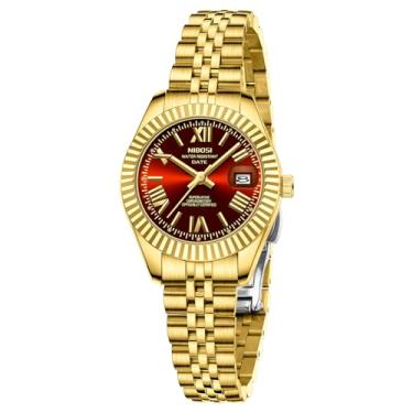 Imagem de NIBOSI Relógios femininos analógicos de quartzo à prova d'água com data, relógio de pulso delicado, moderno, de aço inoxidável, para pulsos pequenos, vestido feminino elegante, Dourado, vermelho