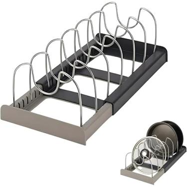 Imagem de Organizador de Tampas e Panelas Retrátil 7 Divisórias em Aço Inox Ajustável Suporte Compacto de Gaveta e Armário – Cozinha Organizada